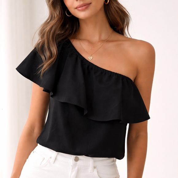 Alice + Olivia Tops - Alice + Olivia Black One Shoulder Ruffle Top | Chic Asymmetrical Blouse